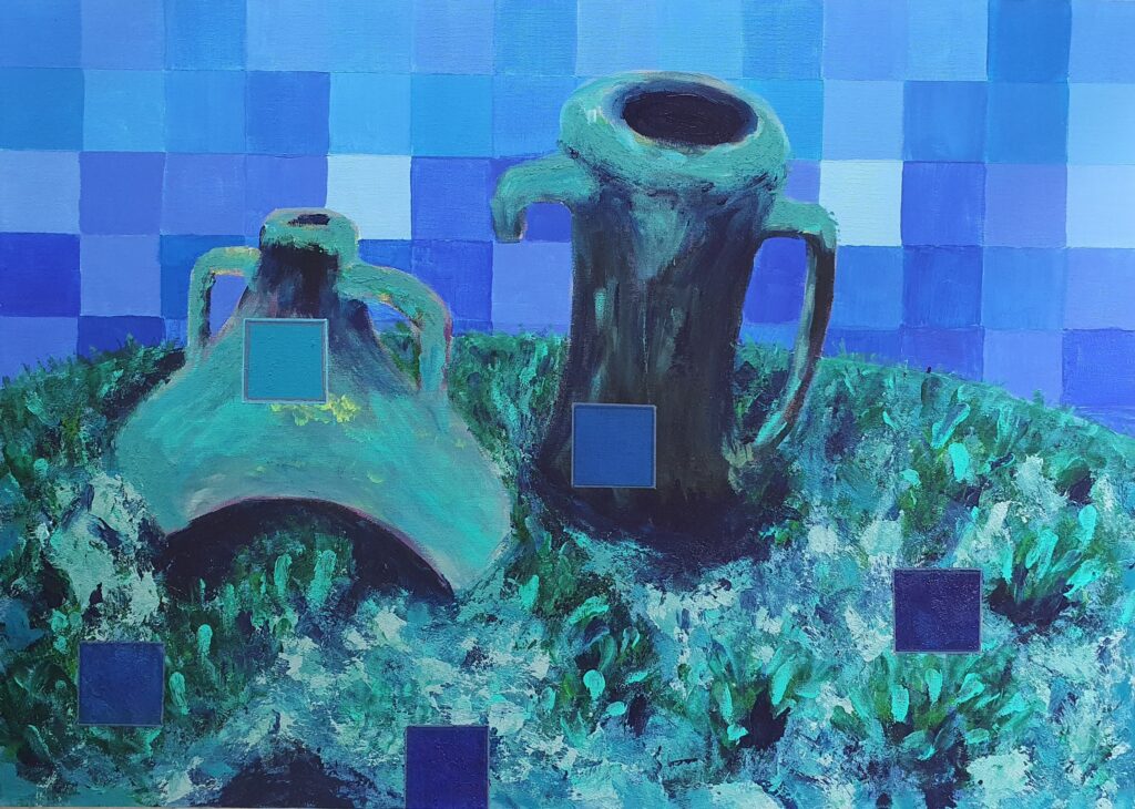 Spirit of Times Past, acrylic painting with pixel effect by Tamara Perušić, blue and green tones