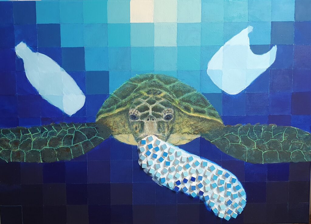 I Thought It Was a Jellyfish — acrylic painting of a sea turtle by Tamara Perusic, environmental activism art with pixel effect