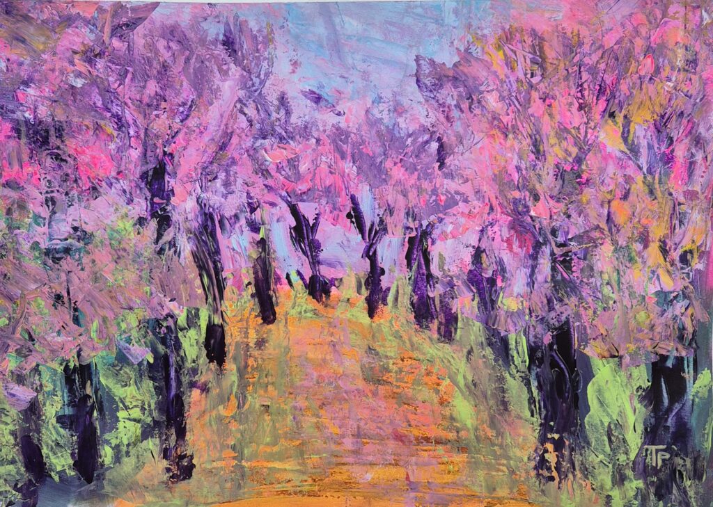 Dvored trešnji u cvatu akril na papiru 30x40cm
