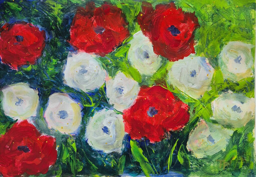 cvijeće u vrtu akril na papiru 30x40cm