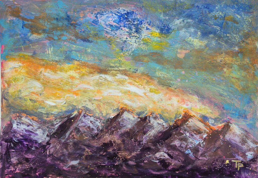 sunce iznad planina akril na papiru 30x40cm